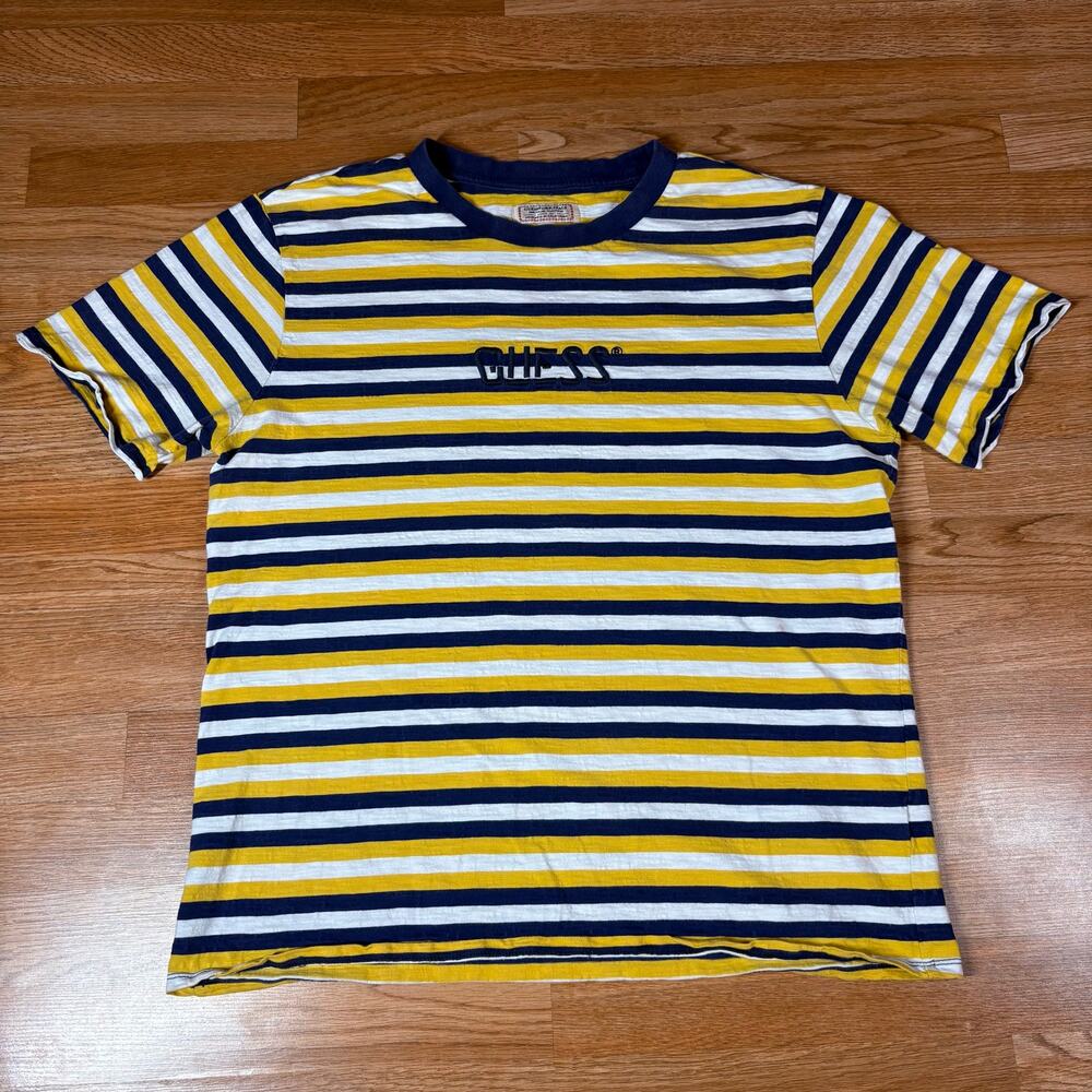 Vintage Guess Originals T-Shirt Striped‎ Embroidery Mens Sz L Yellow Blue